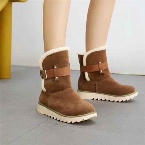 YMECHIC 2021 Winter Warm Shoes Flat Platform Buckle Strap Womens Ankle Snow Boots Black Faux Nubuck Snowboots Plus Size 35-43