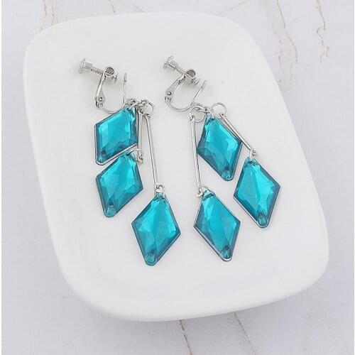 Women Fashion Acrylic Blue Geometric Shape Ear Clip Studs Long Earrings Gift