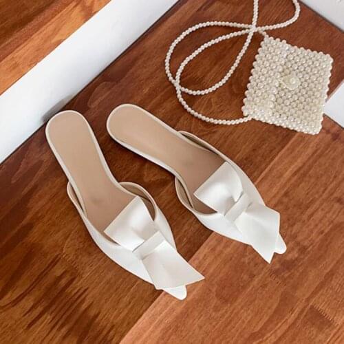 Famous brand big bow-knot summer slides shoes woman pointed toe candy color leather slippers summer outdoor bow flip flops 618