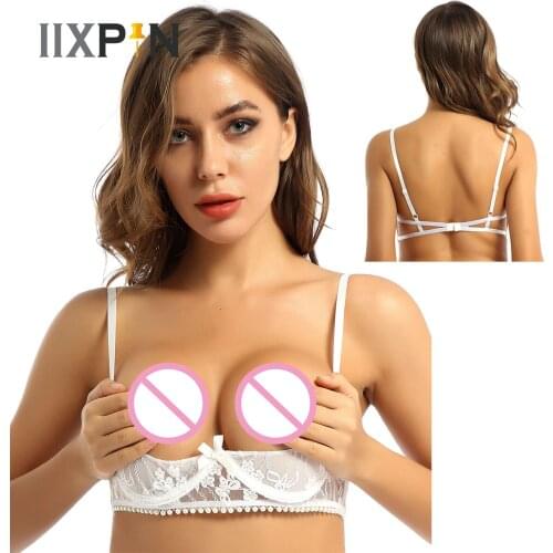 Womens Erotic Lingerie Bra Top See Through Sheer Lace Adjustable Spaghetti Shoulder Straps 1/4 Cups Push Up Underwire Bra Tops