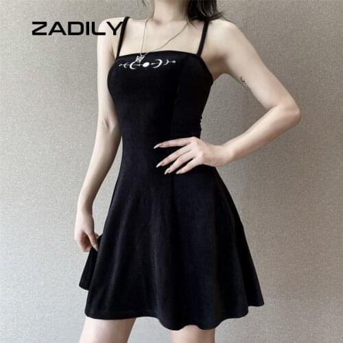 ZADILY Street Style Strap Women Backless Bodycon Dress Y2K Moon Embroidery 2021 Summer Femlae Gothic Black Sexy Mini Dresses
