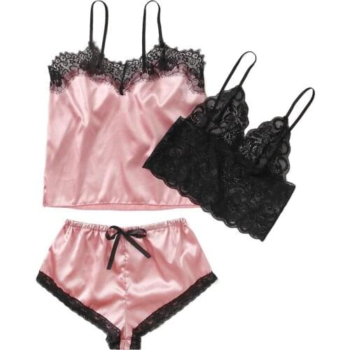Ladies V-Neck Halter Temptation Sexy Lingerie, Sleeveless Baby-doll Nightwear, Contrast Lace Satin Sleepwear Set