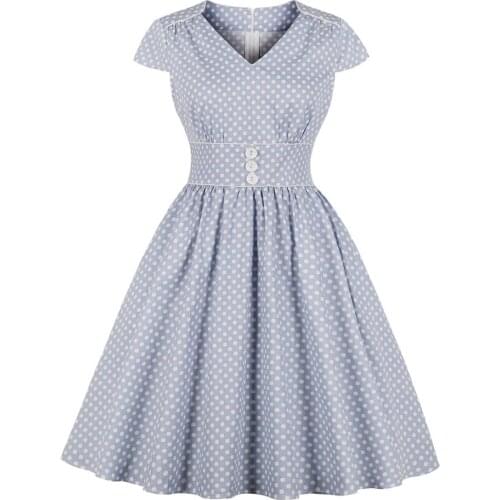 Summer Retro Elegant Vintage Dress V neck Short Sleevel Vintage Rockabilly Casual Dresses 2019 New Gray Dot pattern Women Dress