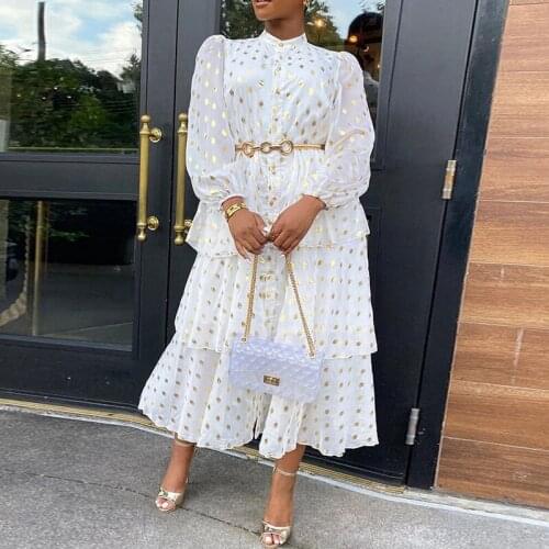 Vintage Dot Dress Women Elegant Slim Chiffon Midi Party Dress Puff Sleeve O Neck Midi Dress Fall Dresses for Women 2021 White