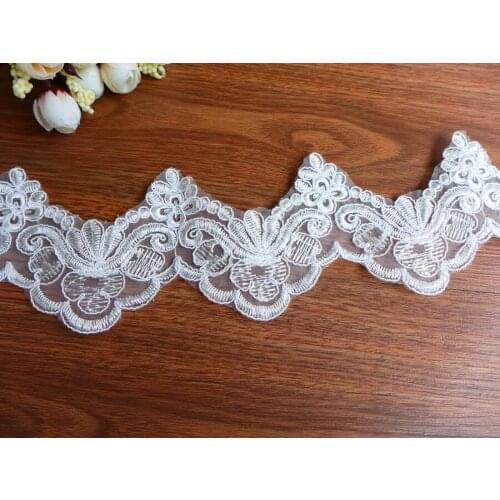 1 Yard Ivory Embroidery Scalloped Corded Alencon Lace Fabric Trim With Flower Wedding Dress Lace 8.5cm Wide