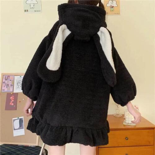 2021 Autumn Winter Models New Hoodies Coat Japanese Cute Rabbit Ears Lamb Hair Wild Plus Velvet Thick Plush Women Kawaii Clothes