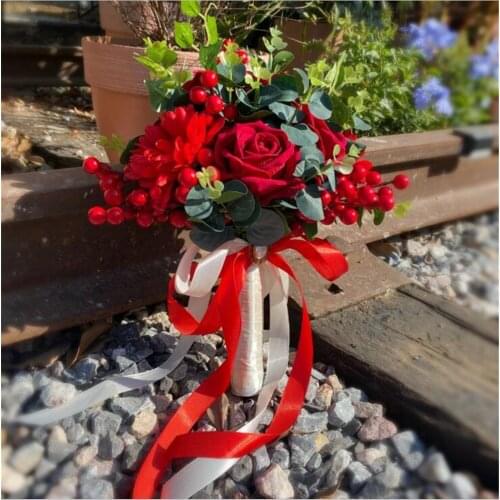 SESTHFAR Silk Red Bridal Bouquets for Wedding Handmade Rose Flowers Bridal Bouquets Cascading Bouquet De Mariage