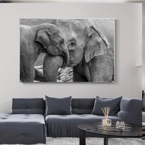 Black and White Elephant and Baby Elephant Canvas Painting Posters and Prints Animals Wall Art Pictures for Home Decor