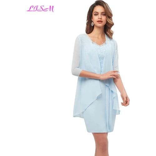 Womens Elegant Knee Length Mother of The Bride Dresses with Chiffon Jacket V-Neck Straps Appliques Evening Formal Gowns