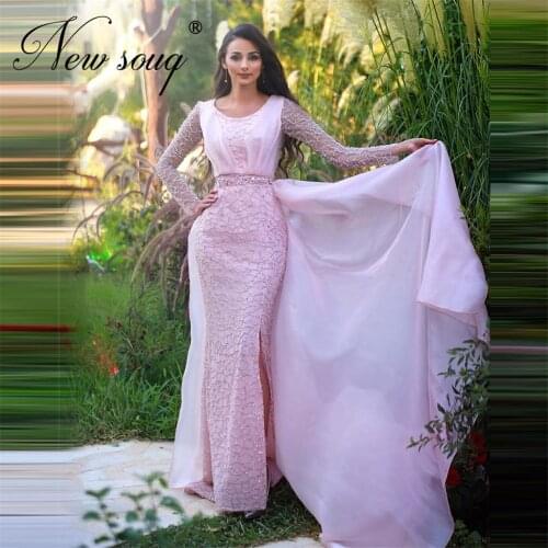 Classic Formal Pink Evening Dresses Beaded Crystal Dubai Dress Custom 2020 Middle East Mermaid Side Slit Prom Dress Arabic Gown