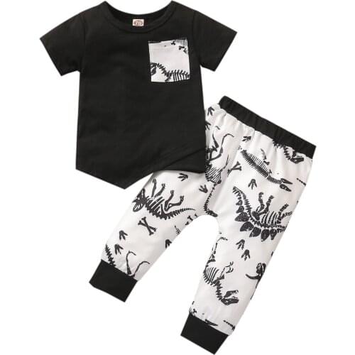 Boys Two-piece Clothes Set Short Sleeve Tops + Dinosaur Printed Pattern Long Pants, White/ Black/ Army Green