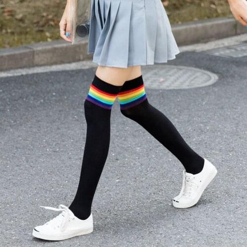 Cute Rainbow Stripes Knee-High Stockings Preppy Style Long Socks Fashion Sweet All-Match Womens Cotton Hose Harajuku Kawaii