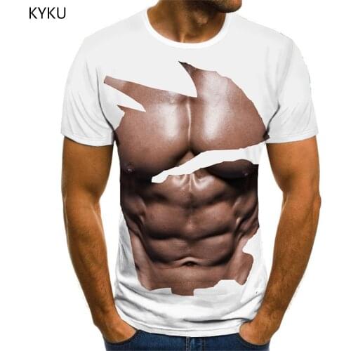 KYKU Brand Muscle T shirt Men Abdominal Muscles Funny T shirts Pectoralis Anime Clothes White Tshirt Printed Short Sleeve