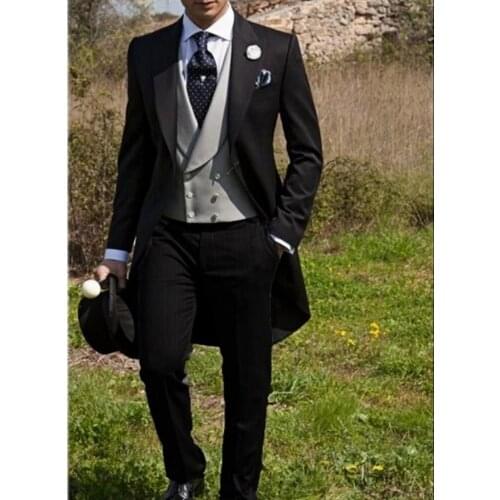 Morning Style Men Suits Black and Grey Groom Tuxedos Peak Lapel Groomsmen Wedding Bridegroom ( Jacket+Pants+Vest ) D104