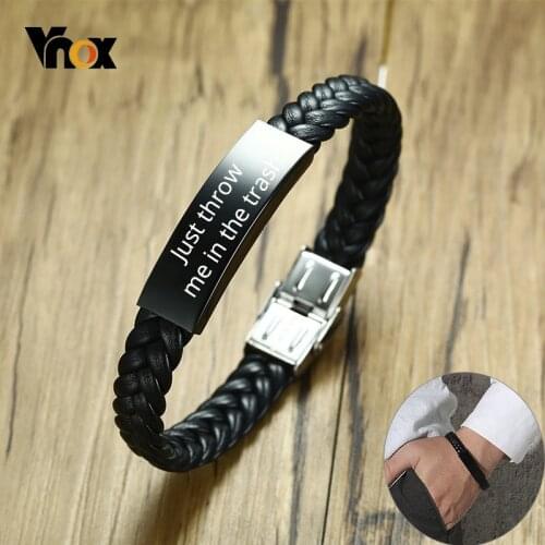 Vnox Personalize Braided Leather Bracelet for Men Just throw me in the trash Black Stainless Steel ID Bar Custom Name Date