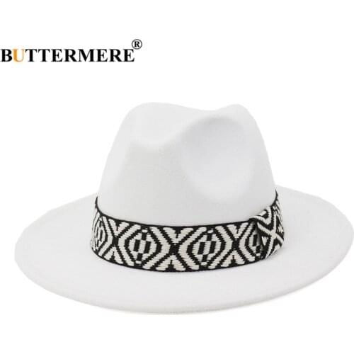 BUTTERMERE 2021 New Women Men Fedoras Indy Hat White Vintage Jazz Hat Autumn Winter Woolen Panama Cap Outdoor Trilby Hat