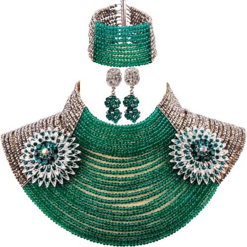 Lovely army green teal green crystal bead 25 layers strand necklace african jewelry set