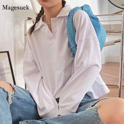 2020 Autumn Winter European and American Pullover Solid White Lapel Women Loose Blouse Female Neckline Buttons Tops Shirts 11912