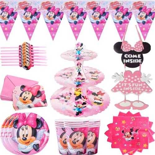 Pink Disney Minnie Mouse Theme Party Supplies Paper Cups Plates Napkins Kids Girls Baby Shower Birthday Party Decorations