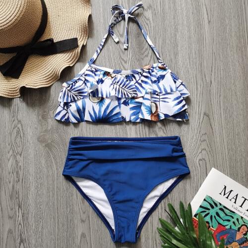 Ruffle Girl Swimsuit Kids 5-12 Years Two Piece Childrens Swimwear High Waist Girl Bikini Set Halter Top Girls Bathing Suit 2021