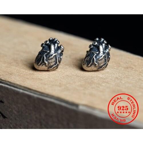 MKENDN New Punk Retro Real 925 Sterling Silver Earrings Anatomical Human Heart Stud Earrings Personality Jewelry Halloween Gift
