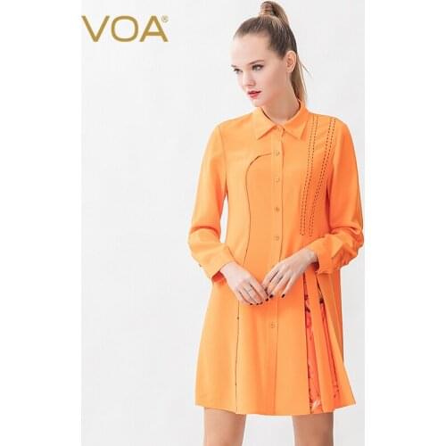 VOA 36m/m Heavy Silk Orange-Red Shirt Collar Filler Rolloff Arch Stitch Craft Single-Breasted Elegant Dress B9332