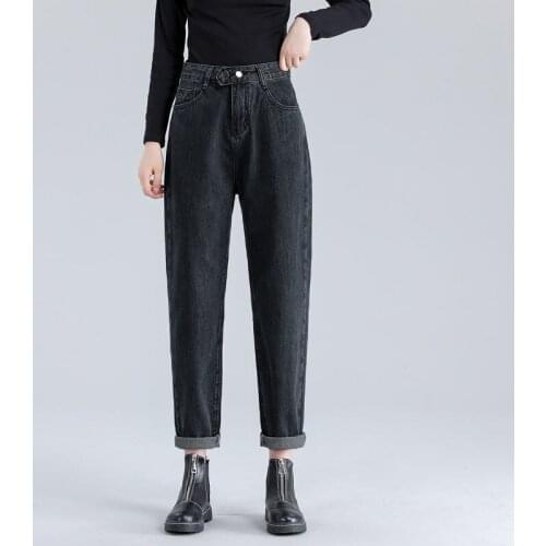Female Semi-elastic Waist High-waisted Straight-leg Jeans Womens Waist Elastic Casual Loose-fitting Slim PantsSolid Harem Pant