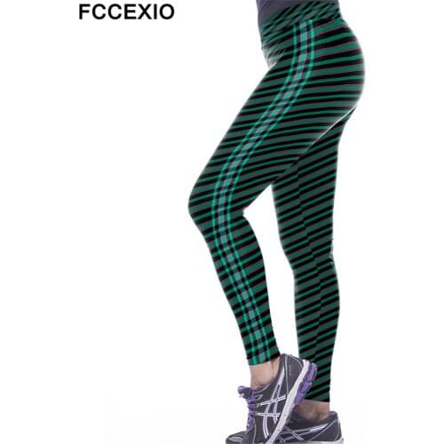 FCCEXIO Brand New Arrival Women Fitness Leggings Sporting Pants Green Line 3D Printed Mujer Compression Workout Leggins Trousers