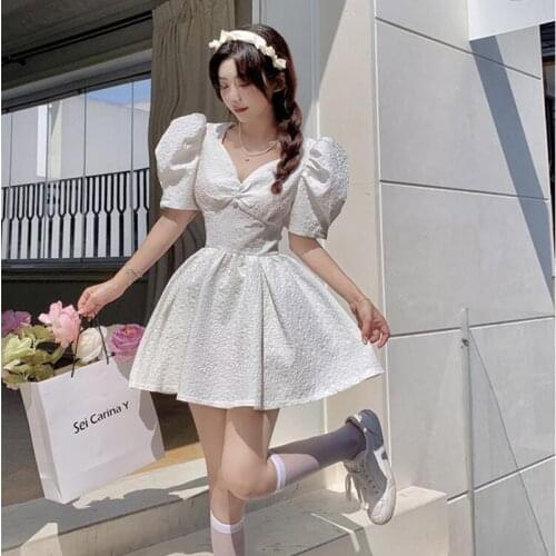 Puff Sleeve Womens Dress 2021 Summer V-Neck Princess Dress Female Thin Fashion Waist Short Puff Skirt White Sexy Ladies Dresses