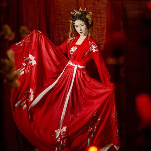 XinHuaEase Hanfu Womens Chinese Style Dresses Embroidery Waist Type Skirt Red Wedding Spring Summer Fairy Elegant Ancient