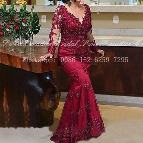 2020 Luxury Beads Mermaid Evening Dresses With Appliques Long Sleeves Burgundy Lace Women Vestidos Formal Prom Dress Party Gown