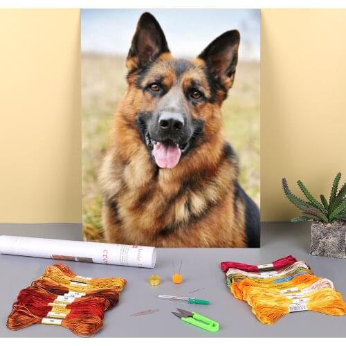 Animal German Shepherd Printed Fabric 11CT Cross-Stitch DIY Embroidery Full Kit DMC Threads Needlework Craft Needle