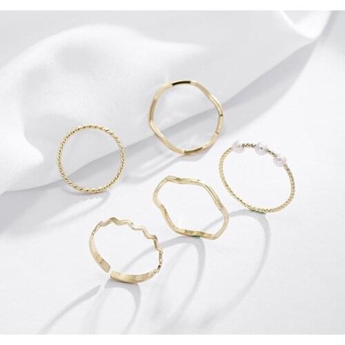 5-Piece Set Gold Color Geometry Opening Ring Simple Design Wave Shape Pearl Ring Accessories Fashion Party Jewelry Gift