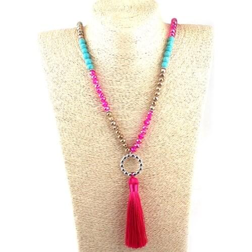 Free Shipping Fashion 8mm Fuchsia and Gold Glass Crystal Beads with circle charm thread fuchsia tassel Necklace for women gift