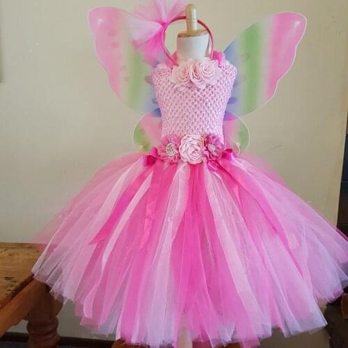 Girls Rainbow Butterfly Fairy Tutu Dress Kids Crochet Flower Dress Ball Gown with Wing and Hairbow Children Party Costume Dress