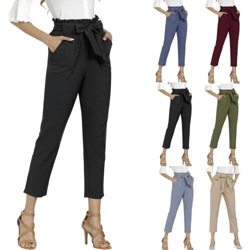 Womens Solid Color Bow Pocket Leisure Time Elastic Waist Trouser Fitness Home Exercise Slim Body Workout Stretch Pants 2021#g30
