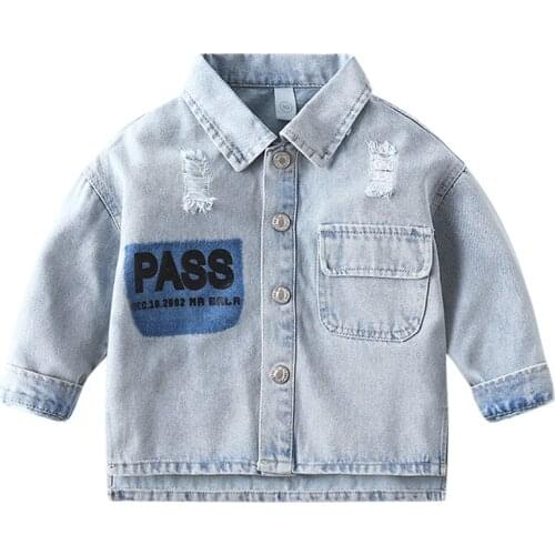 Spring Fall New Boys Girls Denim Jacket Holed Design Cowboy Outwear Pocket Decor Kids Jean Coat Childrens Clothes