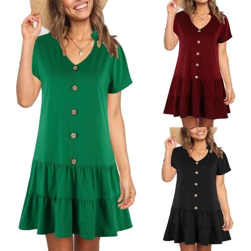 European Style Summer Women Casual Solid Short Sleeve Button Party Dress Vintage Sexy V-neck A-line Mini Elegant Dress Vestidos