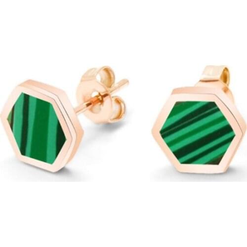 FYJS Unique Rose Gold Color Stainless Steel Hexagon Malachite Stone Stud Earrings Fashion Jewelry