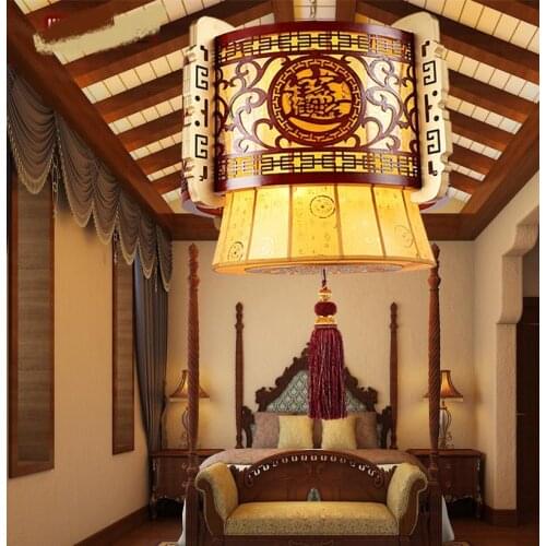 Chinese pendant light wood carving festive classical shrine Lucky treasure project lighting modern sheepskin paper wood LU715