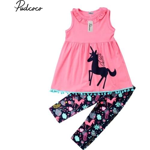 2018 Brand New Toddler Infant Kids Baby Girls Unicorn Flower Clothes T-shirt Top Dress Long Pants 2Pcs Set Summer Cartoon Outfit