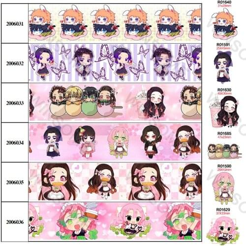 Kimetsu no yaiba 30pcs Resins Japan Cartoon Printed Grosgrain/Satin Ribbon DIY Bow Craft Card 25mm/38mm/50mm/75mm 5Yards