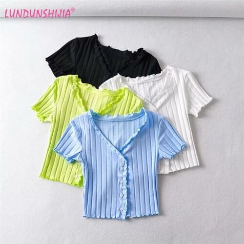 LUNDUNSHIJIA 2021 Spring Summer Fluorescent Green Lady Streetwear Crop Tops V-Neck Short-Sleeve Cotton Knitting Cardigan Blouses
