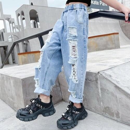 New Fashion kids Ripped Jeans For Girls Denim Trousers 4-14 Years Children Korean Teenage Loose Pencil Pants Summer Clothes