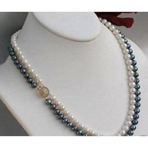Jewelry Pearl Necklace Natural 2Row 7-8MM WHITE & BLACK PEARL NECKLACE 17-18" Free Shipping