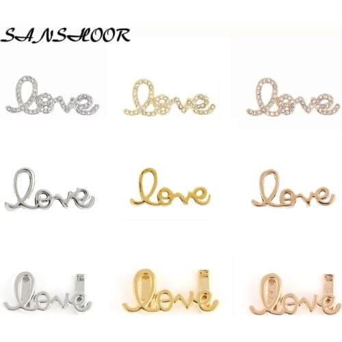 SANSHOOR Keeper keys Full Crystal and Plain Love Letter Slide Charms Fit On Diy Leather Wrap Bracelet As Mothes Day Gifts 6Pcs