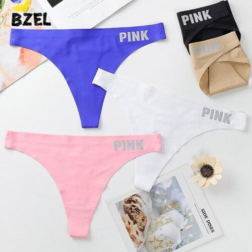 BZEL PINK Letter Sexy Womems Silk Thongs Low Waist G-String Underwear Seamless Sport Panties Comfort Woman String Lady Lingerie