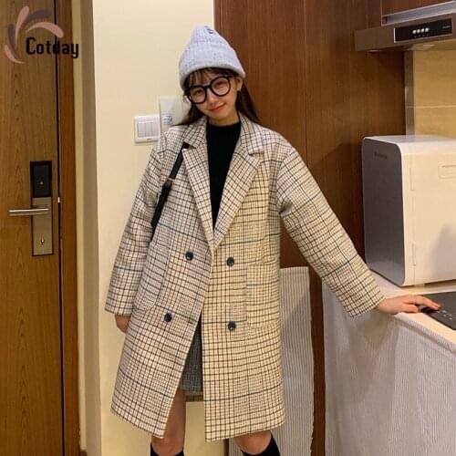Cotday Thickened Plaid Houndstooth Duffle Womens Hot Sale Winter Wool Long Coat Winter Korean Female Woolen Blend Overcoat