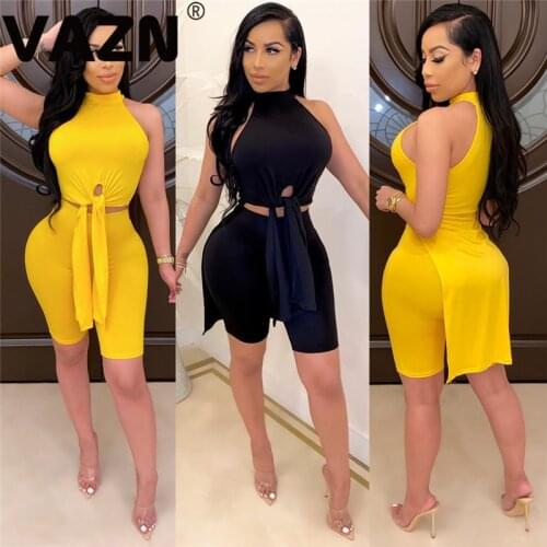 VAZN Hot Elegant 2020 Hartle Sleeveless Short Pant 2 Piece Set Tracksuit Casual Solid Sport Female Street Wind Sets