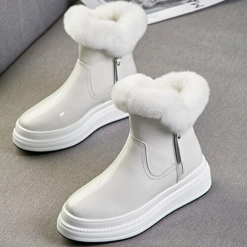 Women Boots Real cowhide Patent Leather Water Proof Winter Shoes Women Snow Boots Platform Keep Warm Ankle Boots With Thick Fur